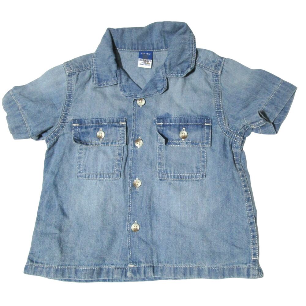 Old Navy Toddler Boy's Denim Button-Down Shirt Blue Short Sleeve Size 12-18 Mos